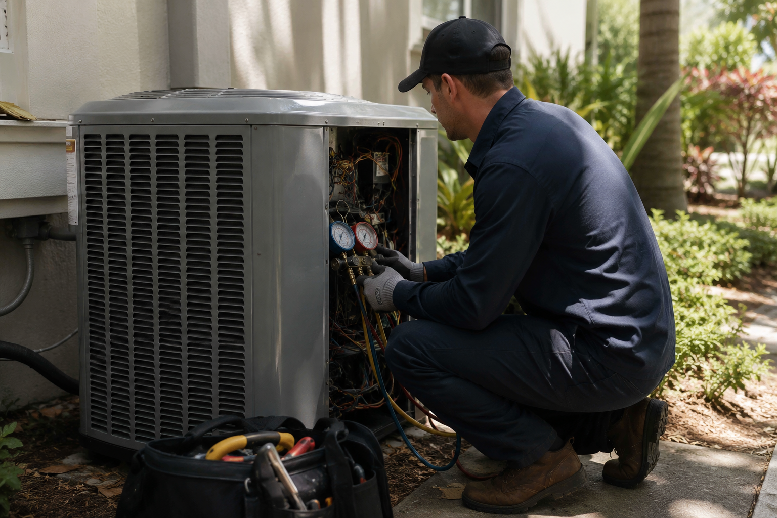 HVAC technician repairing a residential air conditioning system